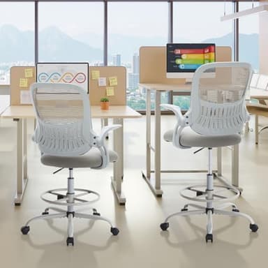 Sweetcrispy Tall Drafting Desk Chair - Ergonomic High Stool Computer with Adjustable Height and Comfy Lumbar Support, Office Rolling Counter with Flip-up Arm and Footrest, Light Grey - Image 2
