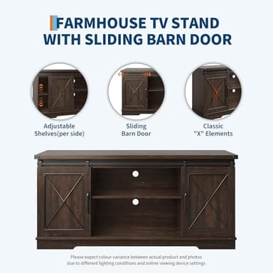 IDEALHOUSE Farmhouse TV Stand and Entertainment Center for TV Up to 65 Inches with Sliding Barn Doors and Adjustable Shelf, Tv Media Console Table with Storage Cabinet for Living Room, Bedroom, Brown - Image 5
