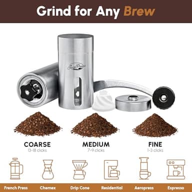 JavaPresse Manual Stainless Steel Coffee Grinder - 18 Adjustable Settings, Portable Conical Burr Grinder for Camping, Travel, Espresso - With Hand Crank - Image 3