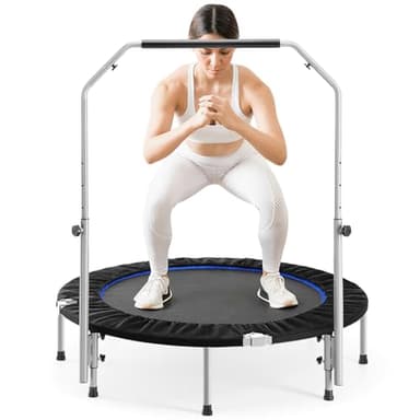 Sweetcrispy 40" in/48 in Mini Fitness Trampoline - 330LBS Foldable Exercise Rebounder with Adjustable Handle, Stable and Quiet, for Adults Indoor/Outdoor Workout - Image 1
