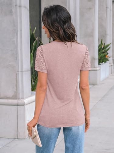 AUTOMET Women's Short Sleeve Shirts Dressy Lace Summer Tops 2025 Spring Trendy Casual T-Shirts Cute Work Outfits Blouses Pink M - Image 4