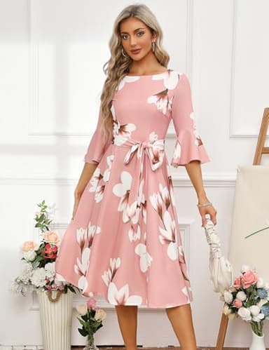 HomRain Modest for Church Elegant 3/4 Sleeve Dress for Women Casual Work Bell Sleeve Dresses for Formal Bridesmaid Wedding Guest Blush-White-Flower 3XL - Image 3