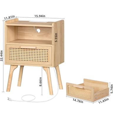 Lerliuo Rattan Nightstands Set of 2 with Charging Station, Boho Night Stand with Handmade Natural Rattan Drawer and Open Shelf, Side End Tables with Solid Wood Legs for Bedroom, Dorm, Small Spaces - Image 3
