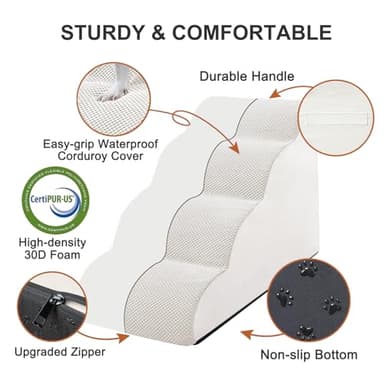 Dog Stairs Ramps for Small/Medium Dogs to Beds and Couch Up to 24'', 4-Step Dog Steps with Sturdy High-Density Foam, Pet Stairs with Non-Slip Bottom for Puppy and Cat, with Hair Remover Roller, White - Image 4