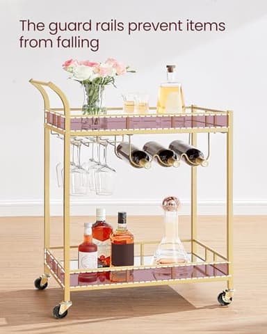 VASAGLE Bar Cart Gold, Home Bar Serving Cart, Wine Cart with 2 Mirrored Shelves, Wine Holders, Glass Holders, for Kitchen, Dining Room, Gold ULRC092A62 - Image 8
