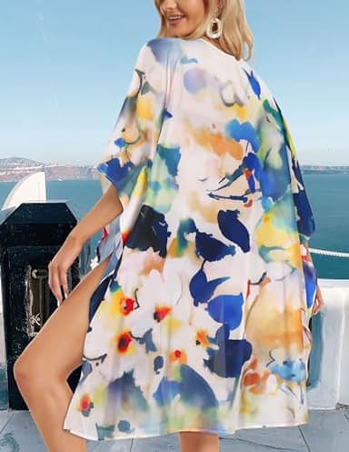 Women's Summer Kimono Beach Coverups Casual Loose Swimsuit Cardigans for Swimwear(Blue Yellow Flower,XL) - Image 6