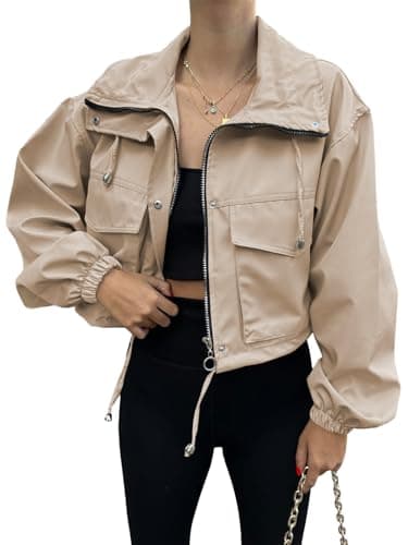 Tankaneo Womens Cropped Jacket Zip Up Lightweight Oversized Utility Anorak Coat with Pockets - Image 2