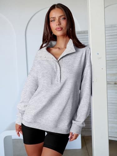 ANRABESS Womens Oversized Sweatshirt Long Sleeve Henley Pullover Tops 2025 Fall Casual Button Loose Fit Teens Fashion Outfits Light Grey Large - Image 6