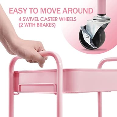 TOOLF 3-Tier Metal Rolling Cart with Wheels, Storage Utility Organizer Cart for Kitchen, Bathroom, Office, Baby Essentials & Makeup - Lockable Casters, Easy Assembly, Large Capacity, Pink - Image 4