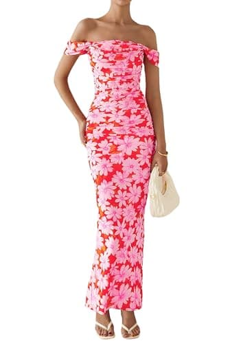 PRETTYGARDEN Maxi Dresses for Women 2025 Summer Elegant Floral Off Shoulder Ruched Mesh Cocktail Wedding Guest Dress (Pink Daisy,Small) - Image 2