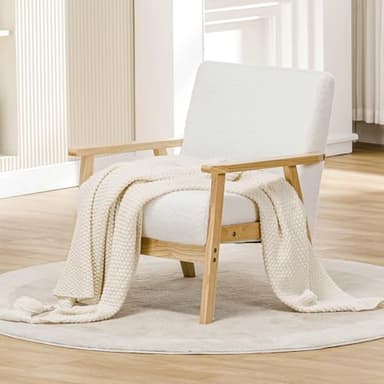 COMHOMA Mid Century Modern Accent Chair, Upholstered Living Room Chairs with Solid Wood Armrest, Comfy Reading Armchair for Bedroom, Sunroom, Balcony (Straight Armrests, White) - Image 5