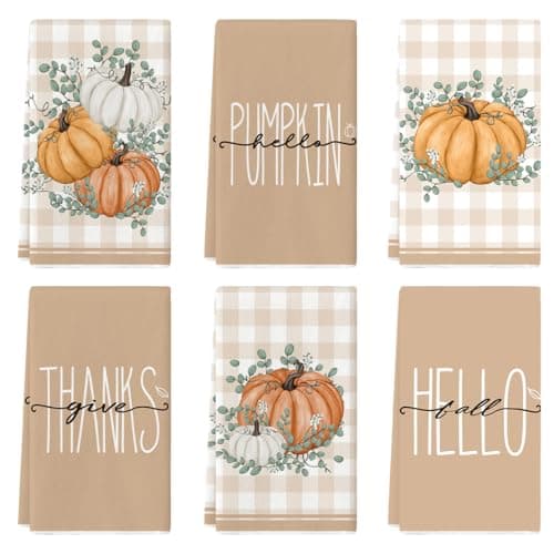 Artoid Mode Eucalyptus Leaves Hello Pumpkin Fall Kitchen Towels Dish Towels, 18x26 Inch Seasonal Give Thanks Decoration Hand Towels Set of 6 - Image 1