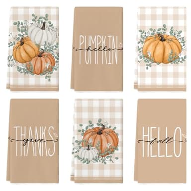 Artoid Mode Eucalyptus Leaves Hello Pumpkin Fall Kitchen Towels Dish Towels, 18x26 Inch Seasonal Give Thanks Decoration Hand Towels Set of 6 - Image 1