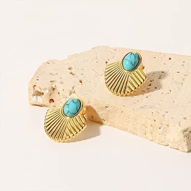IUITY Gold Fan Shape Earrings Studs 14K Gold Plated Turquoise Studs Earrings Hypoallergenic Fashion Lightweight Jewelry for Women Mom Wife - Image 5