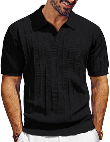 PJ PAUL JONES Mens Polo Shirts Short Sleeve Textured Knit Golf Shirts Collared V Neck Polo Shirts Black - Image 1