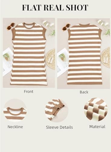 AlvaQ Womens Summer Sleeveless Shirt Dress Crewneck Striped A Line Casual Short Mini Dresses with Pockets Khaki XX-Large - Image 6