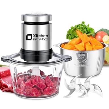 Kitchen in the box Food Processor, Electric Meat Grinder & Food Chopper with 400W Powerful Veggie Chopper-2 Bowls（8 Cup+8 Cup） & 2 Bi-Level Blades for Meat/Fish/Vegetable/Baby Food（Sliver Button） - Image 1