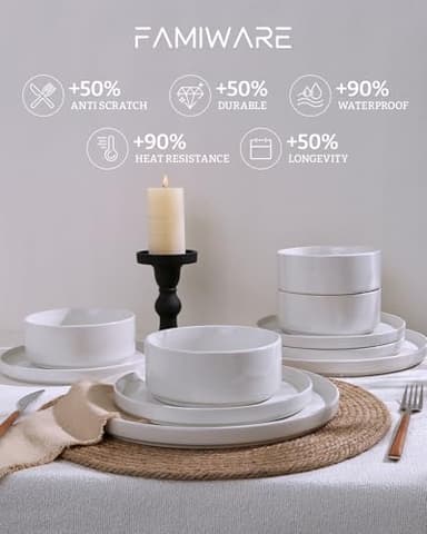 Famiware Nebula Plates and Bowls Sets, 18 Pieces Dinnerware Sets, Dishes Set for 6, White - Image 5