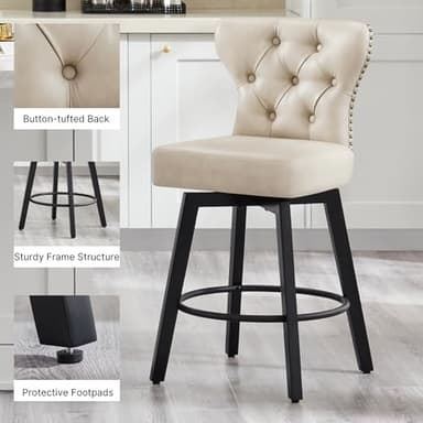 Counter Height Barstools 26 inch Upholstered Button Tufted Swivel Bar Stools with Back and Wood Legs for Kitchen Island,Set of 4,Beige-Nailhead Trim - Image 3