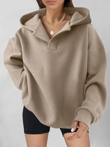 ANRABESS Womens Oversized Hoodies V Neck Sweatshirts Fleece Long Sleeve Pullover Y2K Clothes 2025 Fall Trendy Outfits Khaki Brown XL - Image 2