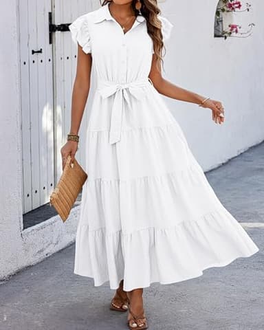 dowerme Women Summer Dress Trendy Ruffle Sleeve Button V Neck Belted Pleated Tiered Loose Boho Flowy Shirt Dresses 2025(White,XX-Large) - Image 6