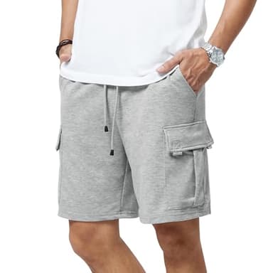 3rd hill Mens Casual Sweat Cargo Cotton Shorts Drawstring Elastic Waist Athletic Workout Gym Jogger Shorts with 5 Pockets Light Gray - Image 2