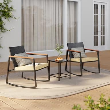 Gizoon 3 Pieces Rocking Patio Bistro Set with Anti-Scald Armrest, Outdoor Patio Wicker Furniture Set with Glass Table and Cushion for Garden, Yard, Porch - Image 2