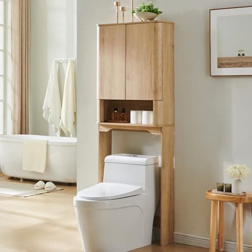 ACCOHOHO Modern Over The Toilet Storage Cabinet with Adjustable Shelf & Handle-Less Double Doors, 67 Inch Tall Wooden Bathroom Cabinet, Natural Oak - Image 1