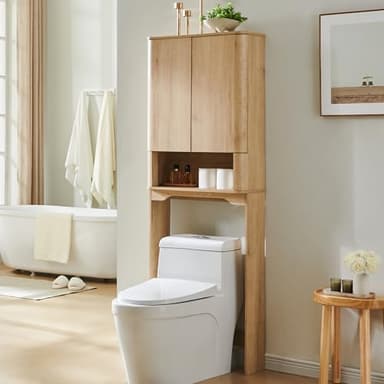 ACCOHOHO Modern Over The Toilet Storage Cabinet with Adjustable Shelf & Handle-Less Double Doors, 67 Inch Tall Wooden Bathroom Cabinet, Natural Oak - Image 1