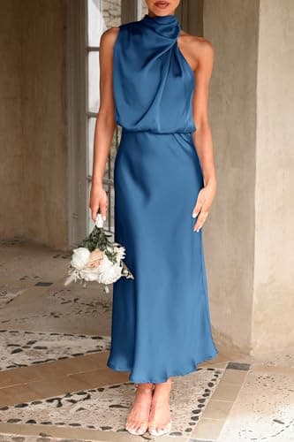PRETTYGARDEN Women's 2025 Summer Satin Dress Elegant Sleeveless Mock Neck Cocktail Party Maxi Dresses (Dark Blue,Small) - Image 3
