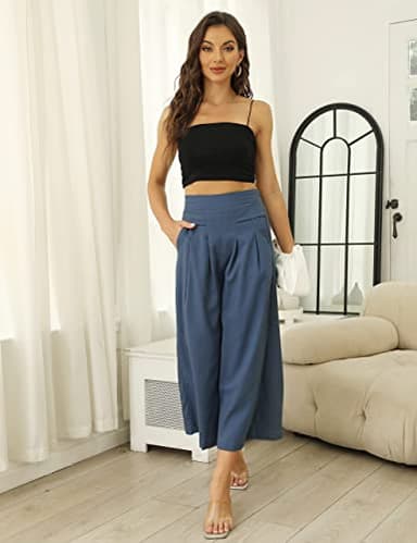Hooever Women's Cotton Linen Culottes Pants Elastic Waist Wide Leg Palazzo Trousers Capri Pant (Blue-L) - Image 2