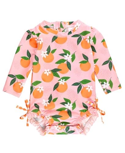 RuffleButts Baby Girls UPF 50+ Sun Protection Novelty Print Long Sleeve One Piece Rash Guard Swimsuit with Zipper - Orange You The Sweetest, 2T - Image 1