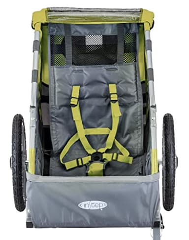 Instep Sync Single Seat Bike Child Trailer, Max Weight 40 lbs., 5-Point Harness, Folding Frame, Quick Release Wheels, Easy Storage, Bug Screen & Weather Shield, Green/Grey - Image 3