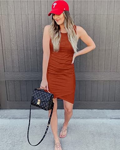 BTFBM Women 2025 Summer Sleeveless Tank Dresses Crew Neck Slim Fit Short Casual Ruched Bodycon Party Club Mini Dress(Red Khaki, Medium) - Image 2