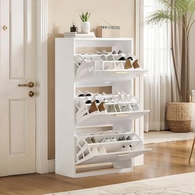 VECELO Shoe Cabinet Storage for Entryway with 3 Flip Drawers Slim Hidden Free Standing Organizer for Narrow Hallway, Bedroom, Living Room, Large Capacity, Modern, White, 3-Shelf - Image 6
