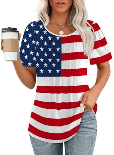July 4th Shirts for Women Dressy Casual Blouses Plus Size Short Sleeve Summer Outfits American Flag XL - Image 1