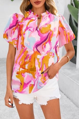 MASCOMODA Boho Short Sleeve Floral Work Blouses for Women Dressy Casual V Neck Puff Sleeve Loose Chiffon Flowy Tops Shirts(Brown Purple Floral,Large) - Image 3