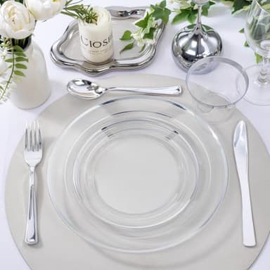 I00000 100PCS Clear Silver Plastic Plates, Clear Plates with Silver Rim, 10 Inch Dinner Plates Premium Party Supply for Wedding Birthdays Party - Image 8