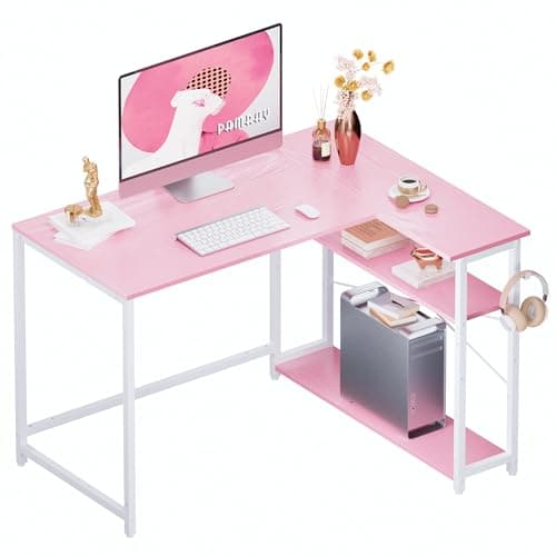 Pamray 43 Inch L Shaped Computer Desk with Reversible Side Storage Shelves, Small Corner Desk for Small Space Home Office,Writing Study Table PC Desk for Bedroom,Pink with White Leg - Image 1