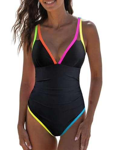 popvil Women's Tummy Control Swimsuits One Piece Neon Color Block Swimwear Deep V Neck Slimming Bathing Suit - Image 1