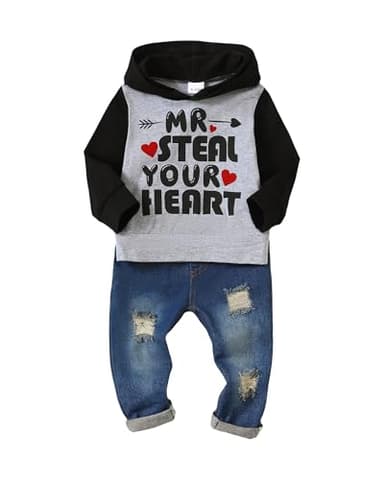 NZRVAWS Toddler Baby Boy Clothes Infant Hoodie Grey Letter Print Sweatshirt Denim Ripped Jeans Pants Outfit Set Kids Sweatsuit Fall Winter 12 18 Months - Image 1