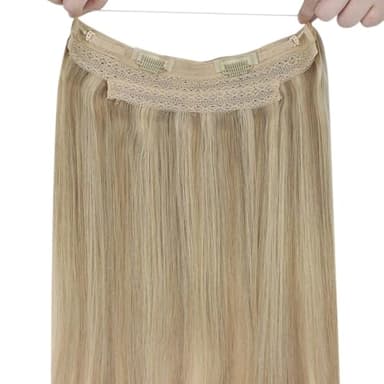 Sunny Wire Hair Extensions Real Human Hair Fish Line Human Hair Extensions Invisible Wire Extensions Golden Blonde with Medium Blonde Highlights #16/22 18 Inch - Image 8