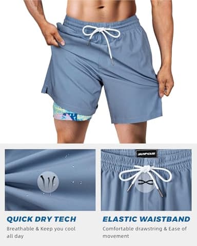 SURF CUZ Mens Swim Trunks with Compression Liner Quick Dry Swim Shorts 7" Swimming Trunks Stretch Zipper Pockets Haze Blue Large - Image 5