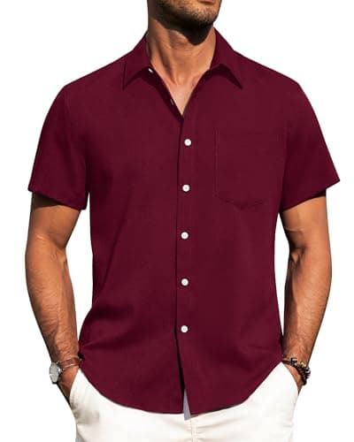 Alimens & Gentle Mens Linen Shirts Short Sleeve Button Down Shirts Wrinkle Free Casual Vacation Beach Summer Tops,Burgundy,L - Image 1