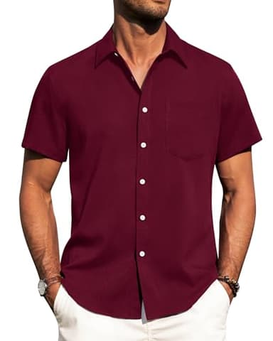 Alimens & Gentle Mens Linen Shirts Short Sleeve Button Down Shirts Wrinkle Free Casual Vacation Beach Summer Tops,Burgundy,L - Image 1