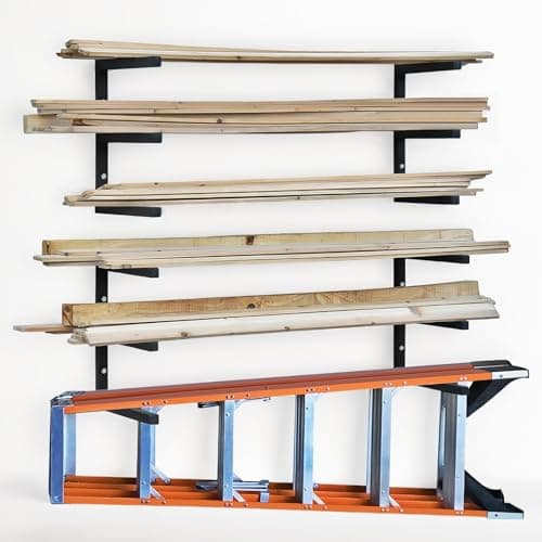 Wood Storage Racks with 3 Level, Garage Organizer Lumber Storage Rack Wall Mounted, Workshop Organizers Wood Wall Shelving, Lumber Metal Racks for Garage, Basement, Indoor and Outdoor (Black-4 Pack) - Image 1