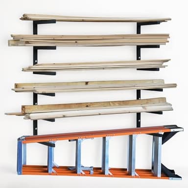 Wood Storage Racks with 3 Level, Garage Organizer Lumber Storage Rack Wall Mounted, Workshop Organizers Wood Wall Shelving, Lumber Metal Racks for Garage, Basement, Indoor and Outdoor (Black-4 Pack) - Image 1