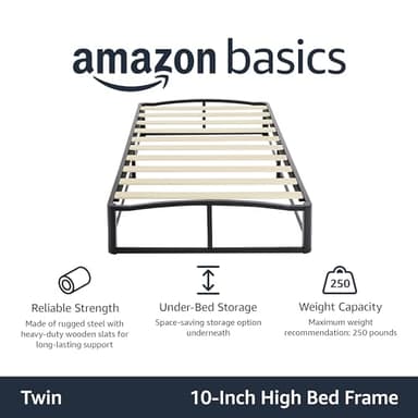 Amazon Basics Metal Platform Bed Frame, with Wood Slat Support, 10 inches High, Twin, Black - Image 3
