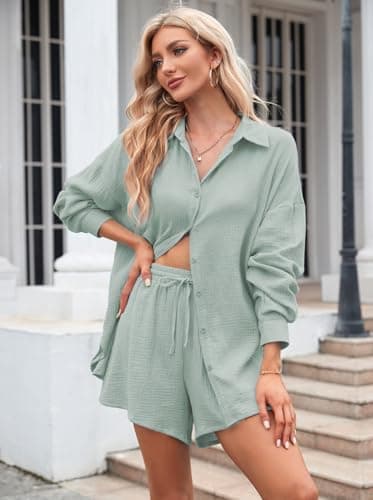 Fixmatti Button Down Lounge Sets for Women Long Sleeve 2 Piece Outfits Oversized Shirt Mini Shorts Crab Green M - Image 8