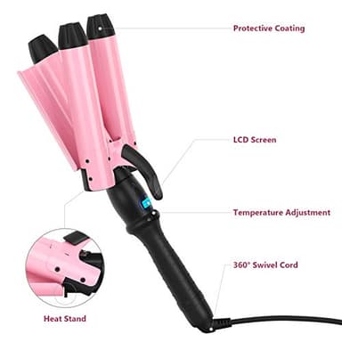 32mm (1.25") Triple Ceramic Curling Iron, Aima Beauty Mermaid Big Wave 3 Barrel Wand with Adjustable Temperature, Portable Hair Waver Heats Up Quickly (Pink) - Image 5